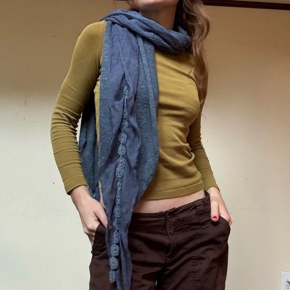 Blue gauzy embroidered scarf